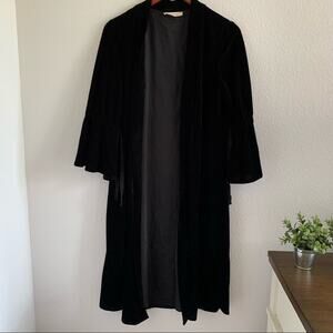 Solitaire Black Velour Long Line Long Open Front Sweater Bell Statement Sleeves